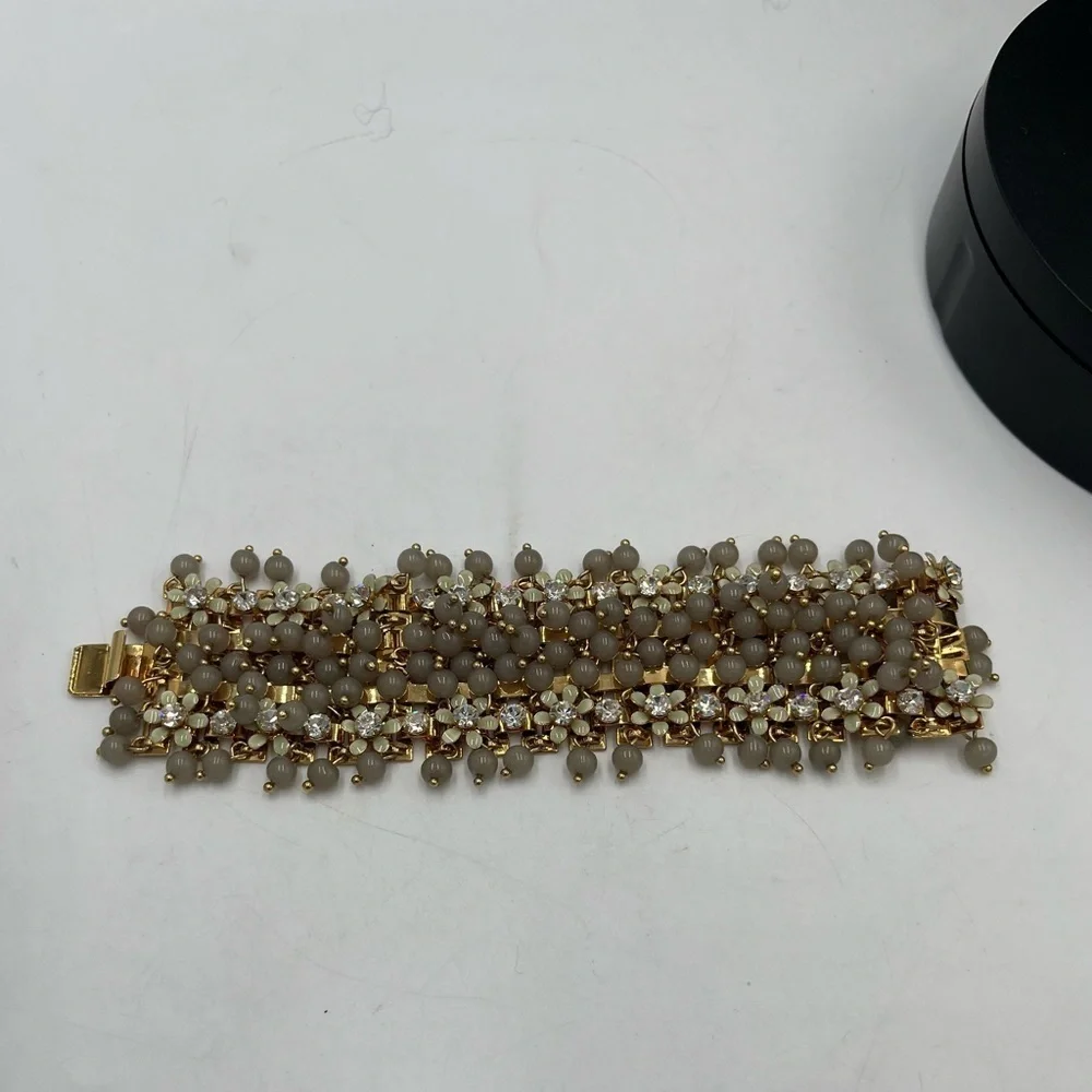 J.Crew Cluster Crystal Flowers Grey Lucite Beads Signed‎ Statement Bracelet